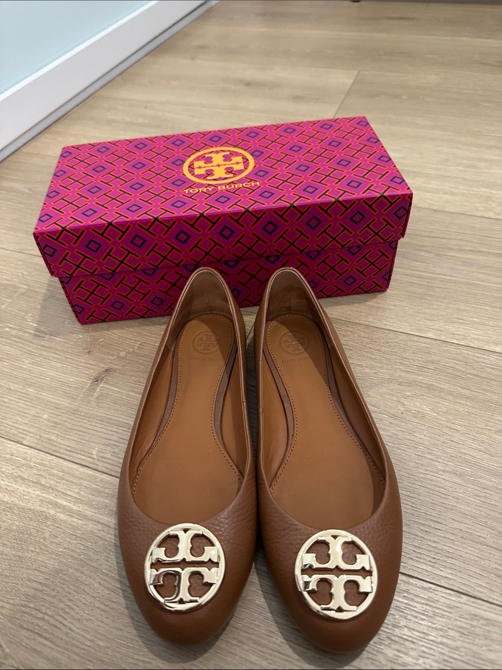 Tory Burch Tan Leather Logo Ballet Flats